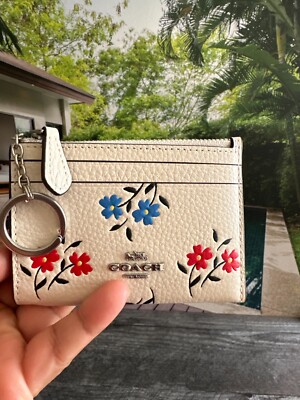 Coach CT995 Mini Skinny Pebble Leather ID Case Floral Print Silver