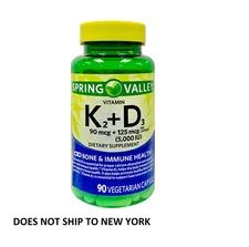 Spring Valley Vitamin K2 (90mcg) + D3 (125mcg) 90 Count Vegetarian ( 1 Pack )