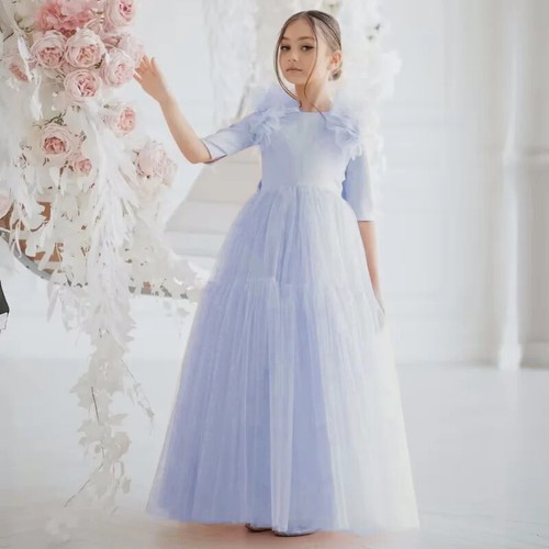 New Girl Dresses Tulle with Bow Half Sleeve for Wedding Birthday Party Gowns - Picture 8 of 28