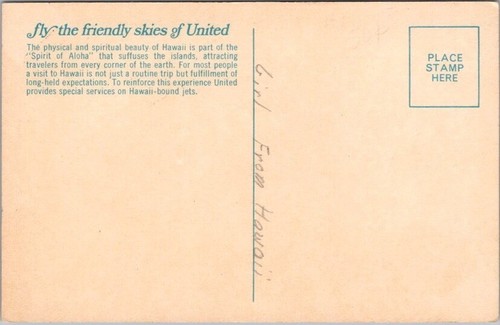UNITED AIR LINES Advertising Postcard Hawaiian Girl "Fly the Friendly Skies" - Picture 2 of 2
