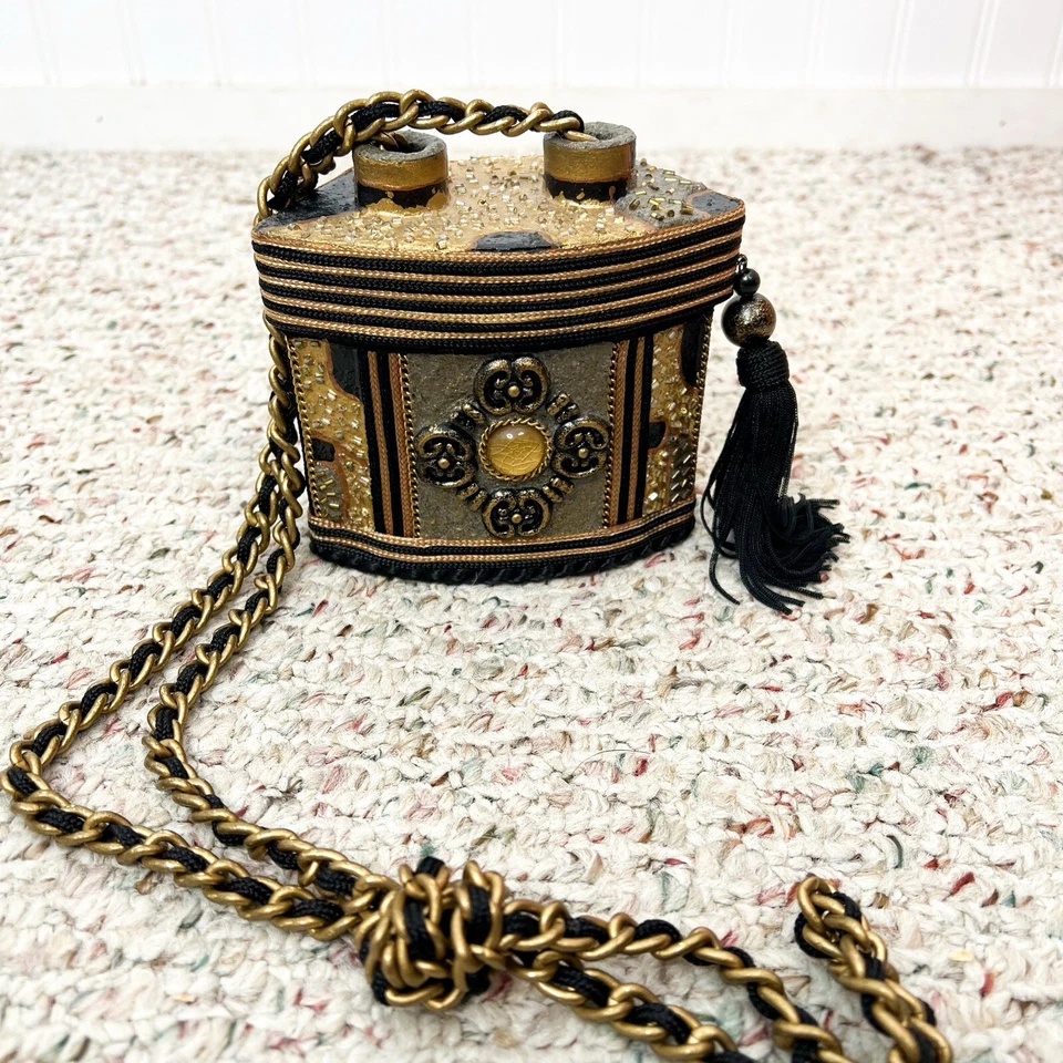 Mary Frances Box Bag Shoulder Purse Egyptian Deco Style Beaded Chain Black Gold