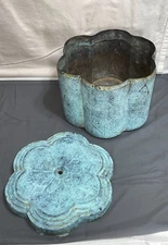 Antique vtg Virdigris Copper hexagon floral hinged Riveted BUCKET PLANTER Box ??
