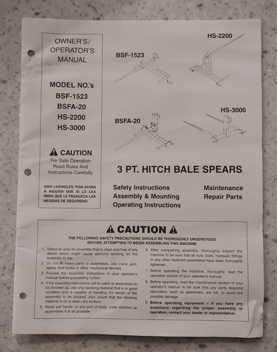 FARM STAR OPERATOR'S OWNER'S & PARTS MANUAL - 3 PT. HITCH BALE SPEARS - Picture 1 of 3