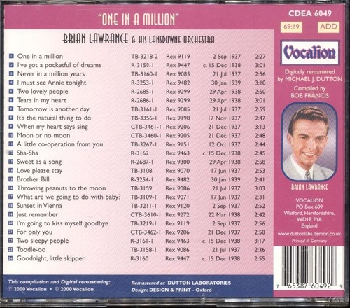 Brian Lawrance - One in a Million CD - Picture 2 of 2