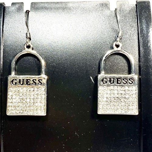 Vintage Guess Silver Tone Pave Crystal Lock Pierced Dangle Earrings Shiny S - Picture 7 of 7