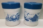2 Vtg White Milk Glass Blue Delft Humidor Canisters Harbor Ship/Paul Revere