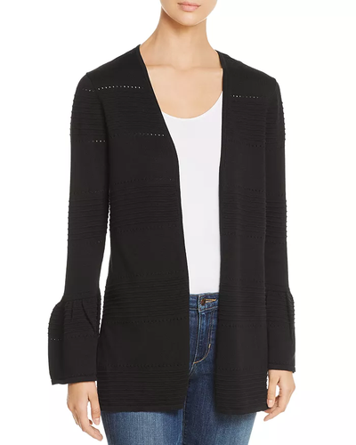 Heather B Womens Perforated Ruffle Sleeves Cardigan Top, Black