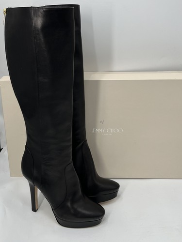 Jimmy Choo Retail-$1250 Black Leather Knee-High Platform Gold-Zip Boot sz 39