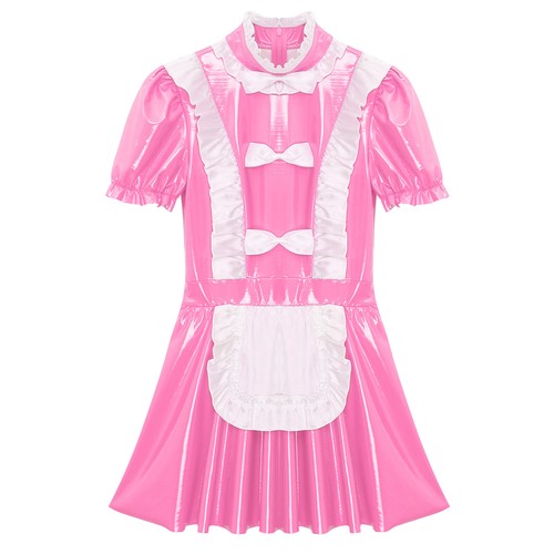 Women's Wet Look Patent Leather French Maid Costume Dress Anime Cosplay Clubwear - Picture 28 of 63
