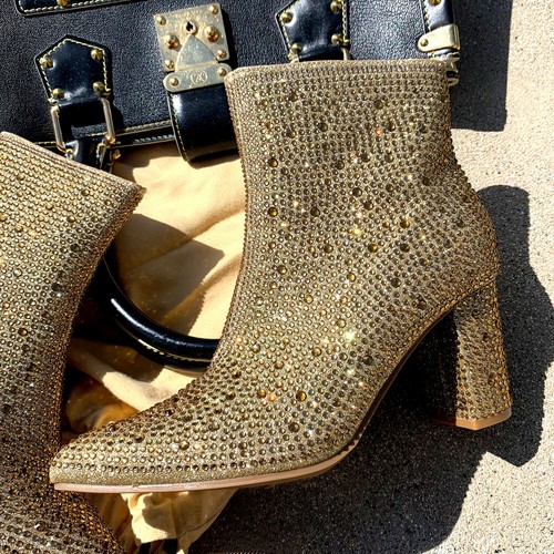 New Women's Jeweled Rhinestone Crystal Ankle Boot Booties Pointed Toe Block Heel - Picture 8 of 51