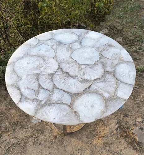 20 Zoll Weißer Achat Runde Ecktischplatte Natürliche Geode Stein Arbeitsplatt... - Picture 2 of 8