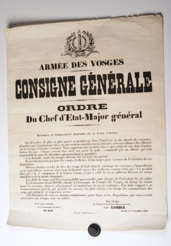 Rare Poster of The Army of Vosges Order of The General Staff 9 Dec 187O - Picture 2 of 4