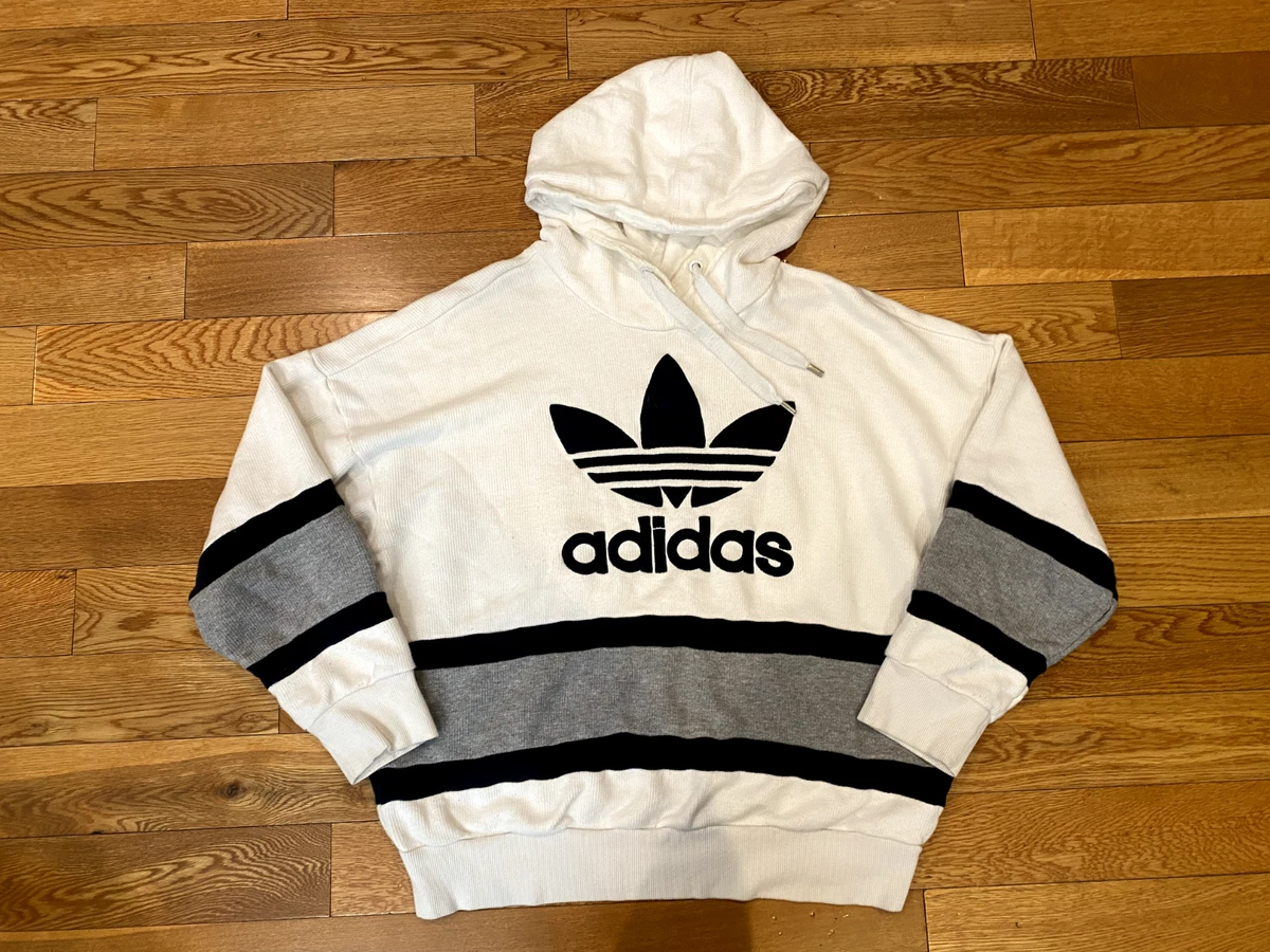 L | Big White Original Trefoil Pullover Hoodie Knit eBay Adidas Logo Waffle