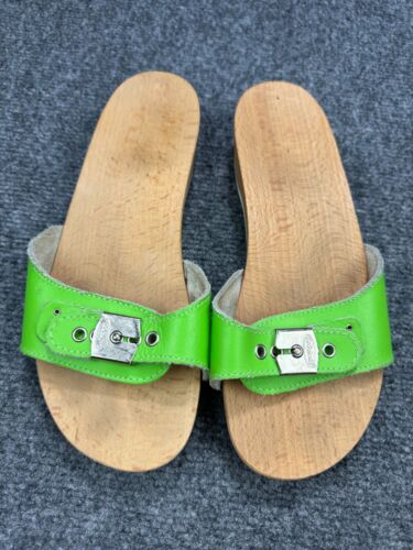 Dr Scholls Sandals Womens 6 Green Leather Strap Wood Original Made in Italy - Picture 2 of 14