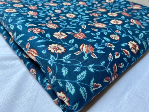 Indian Blue Hand Block Print Cotton Fabric Natural Handmade Sanganeri 2.5 Yard - Picture 5 of 14