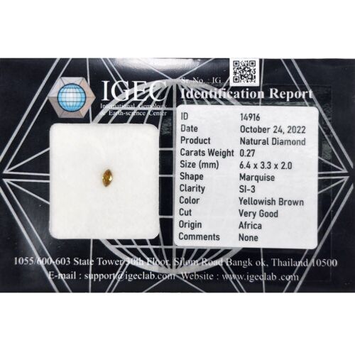 IGEC Certified 0.27cts Yellowish Brown Marquise Natural Loose Diamond - Picture 2 of 2