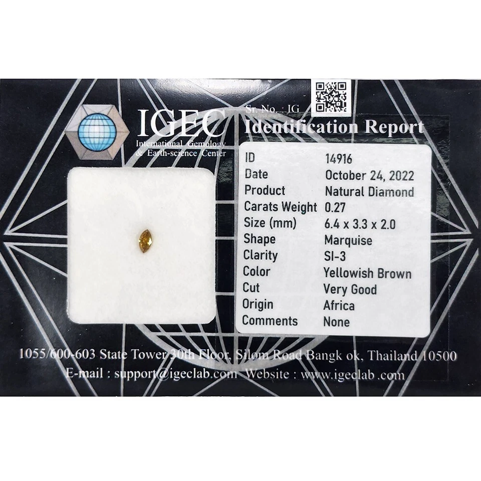IGEC Certified 0.27cts Yellowish Brown Marquise Natural Loose Diamond - Image 2 of 2