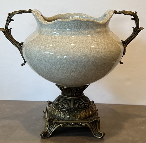 Ornate Crackle Glaze Porcelain Vase Urn Bronze Hollywood Regency Handle Pedestal - Picture 1 of 14