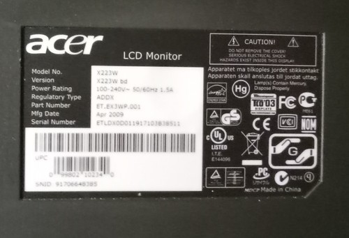 ACER LCD X223W Monitor AS IS PARTS ONLY GOOD COSMETICS / SCREEN GOOD LCD PANEL - Picture 3 of 3