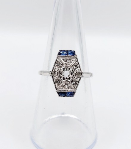 Anillo marquesa art deco oro blanco 18k diamante talla rosa zafiro calibrados... - Imagen 6 de 9