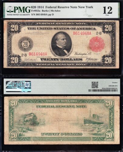Nice *RARE* 1914 $20 New York "RED SEAL" FRN Note! PMG 12! FREE SHIPPING! TC17