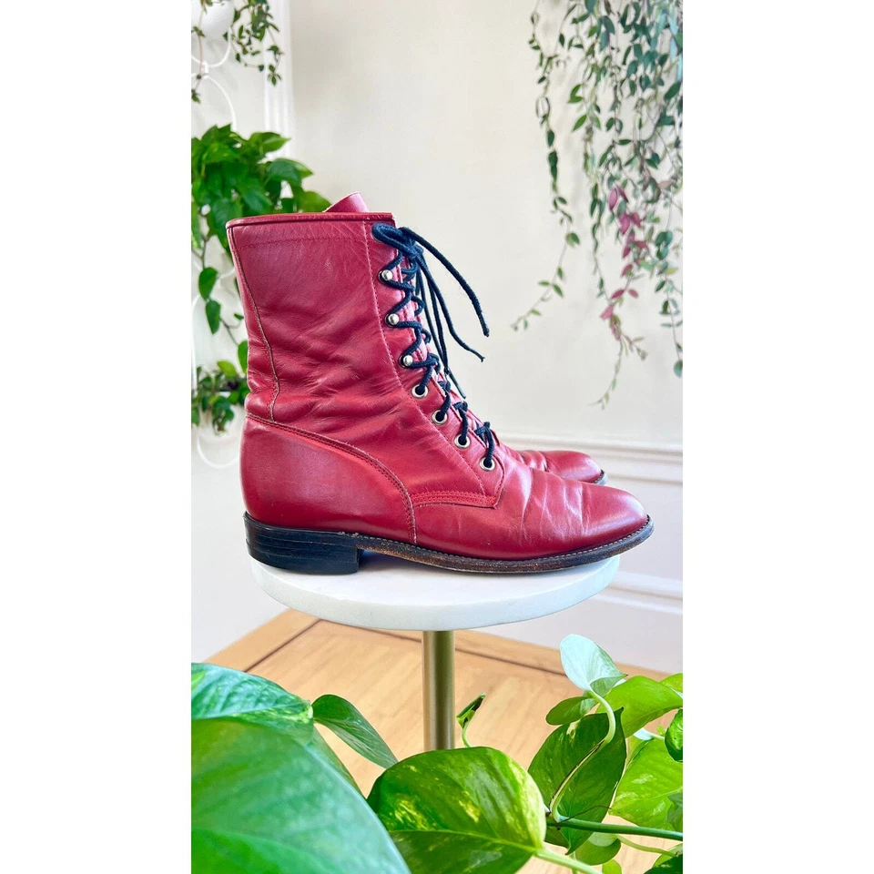 Botas Roper Vintage Años 80 Años 90 Años 80 90 JUSTIN Cuero Rojo Con Cordones Grunge Talla 7 Foto 3 de 4