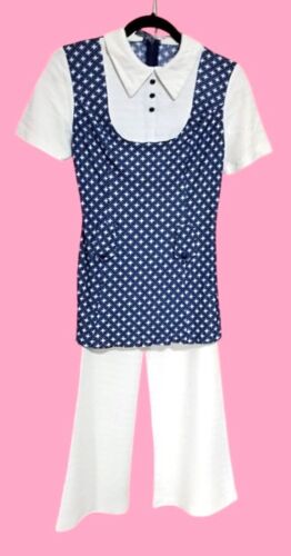 Conjunto Blusa Top Pantalones Mujer XS S Peter Pan Cuello Botón Acentos 1960 - Imagen 2 de 13