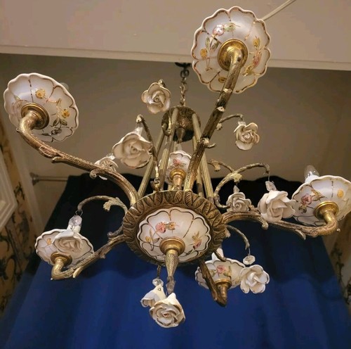 Vintage 5 Light Porcelain Capodimonte Italian Brass Cherub Rose Crystal... - Picture 1 of 24