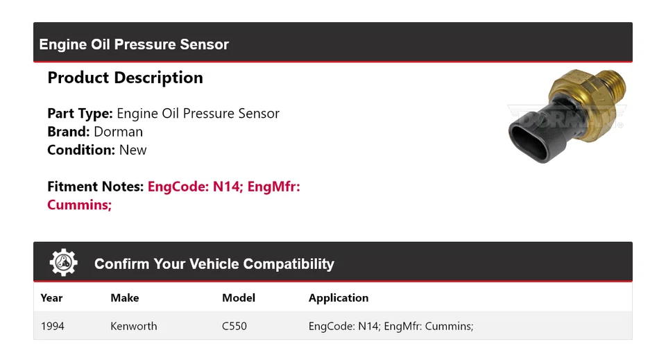 Sensor de presión de aceite para motor Kenworth C550 Dorman 1994 Foto 2 de 4
