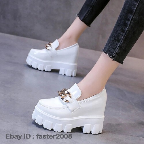 Mujeres Punk Mocasines Tacones Altos Plataforma Informal Imitación Cuero Cuña Zapatos Sin Cordones - Imagen 3 de 20