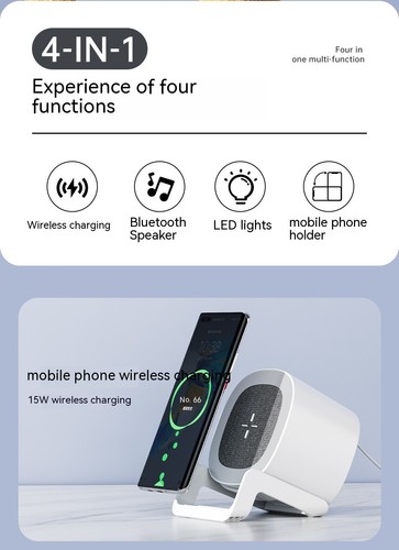 4-in-1 Wireless Charger Phone Stand with Bluetooth Speaker & LED Light – Desktop - Photo 6 sur 11