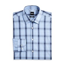 BOSS Hank Slim Fit Plaid Dress Shirt Men's L 16/41 Pastel Blue Button Closure