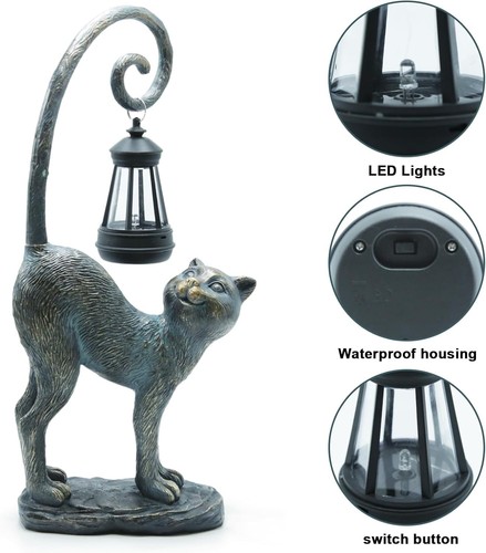 Statua Gatto in Resina con Lanterna Solare, Decorazione Scultura Giardino Accattivante,15.3... - Foto 3 di 7