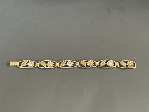 Louis Stern Antique 10k Gold Filled Link Bracelet Blue Rhinestone Flowers - Picture 3 of 11