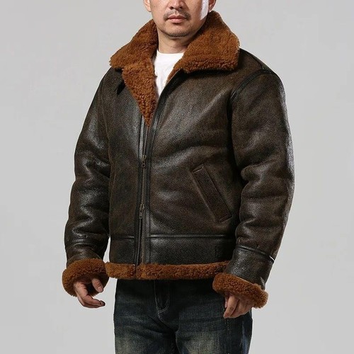 Men’s Real Sheepskin Leather Aviator Bomber Jacket with Faux Shearling Lining | - Picture 1 of 6