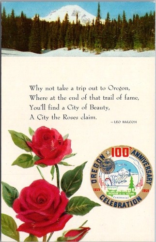 Carte postale CENTENAIRE DE L'OREGON 1959 / 100e anniversaire Portland "Ville des roses"