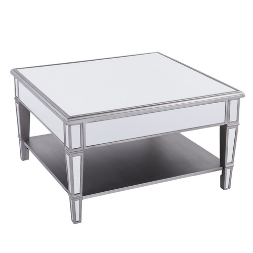 29" Silver Mirrored Square Coffee Table With Shelf - Picture 3 of 10