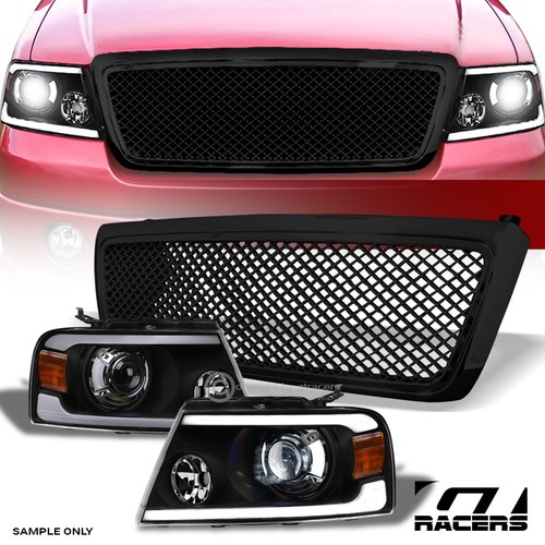 For 2004-2008 F150 Blk Full LED Tube Bar Projector Headlights Amber+Mesh Grille