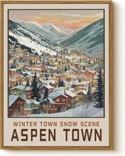 Aspen Winter Town Framed Canvas Wall Art 12x16 Inch, Snow Mountain Village Scene