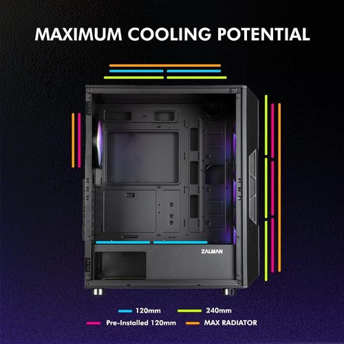 Zalman i3 NEO ATX Mid Tower Gaming PC Case - 4 x 120mm Fixed RGB Fans Black - Picture 6 of 9