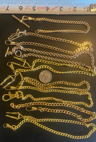 VTG/NEW LOT 8 Gold Tone Pocket Watch Fob Curb/Necklace Chain Vest Dog Clip T Bar