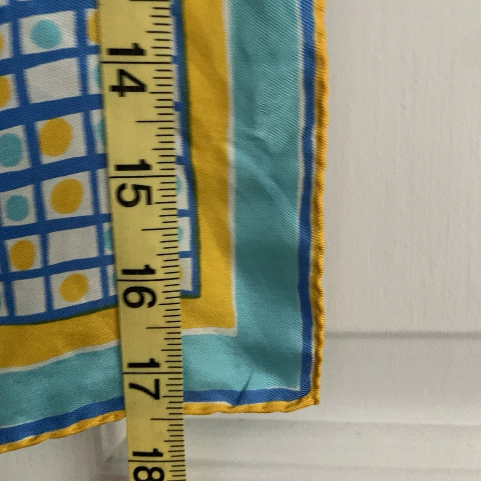 Vtg Vera Small 17in Square Silk Scarf Aqua Blue and Yellow Square Grid pattern - Image 3 of 4