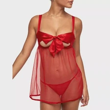 NWT Adore Me Babydoll Lingerie Top Red Babydoll teddy Sheer Breast Bow Surprise