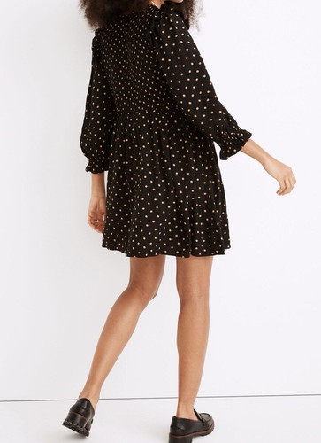 Madewell Womens L Lucie Mini Dress V-Neck Smocked Oval Dot Black Pocket Cottage - Picture 3 of 10