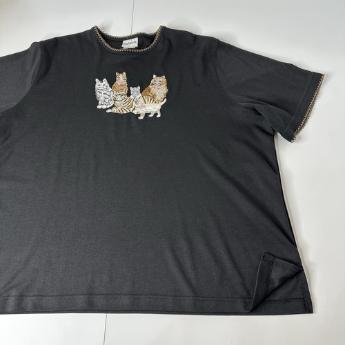 Vintage 90er Bon Worth Top mit Jakobsmuschelborte Gr. XL bestickt Katzenliebhaber Neuheit Oma - Bild 5 von 15