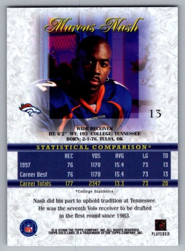 1998 Topps Gold Label Marcus Nash Rookie Denver Broncos #13 - Picture 2 of 2