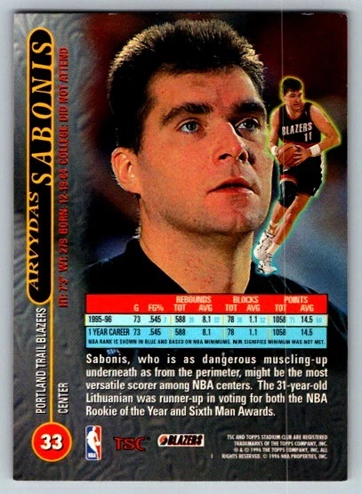 Arvydas Sabonis 1996-97 Stadium Club #33 - Image 2 of 2
