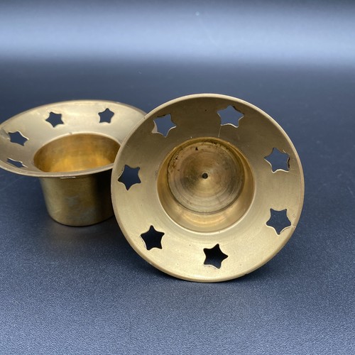 Pair Solid Brass Candle Holder Bowl Shape Star Cutouts Votive Tea Light Mystical - Picture 5 of 9