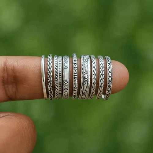 Vintage Boho Silver Stacking Rings Set – Handmade Oxidized Tribal Band ,All Size