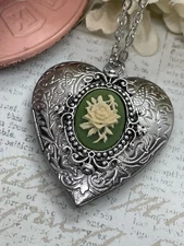Heart Silver Locket Green Rose Gothic Cream Necklace Photo Bride bridal wedding